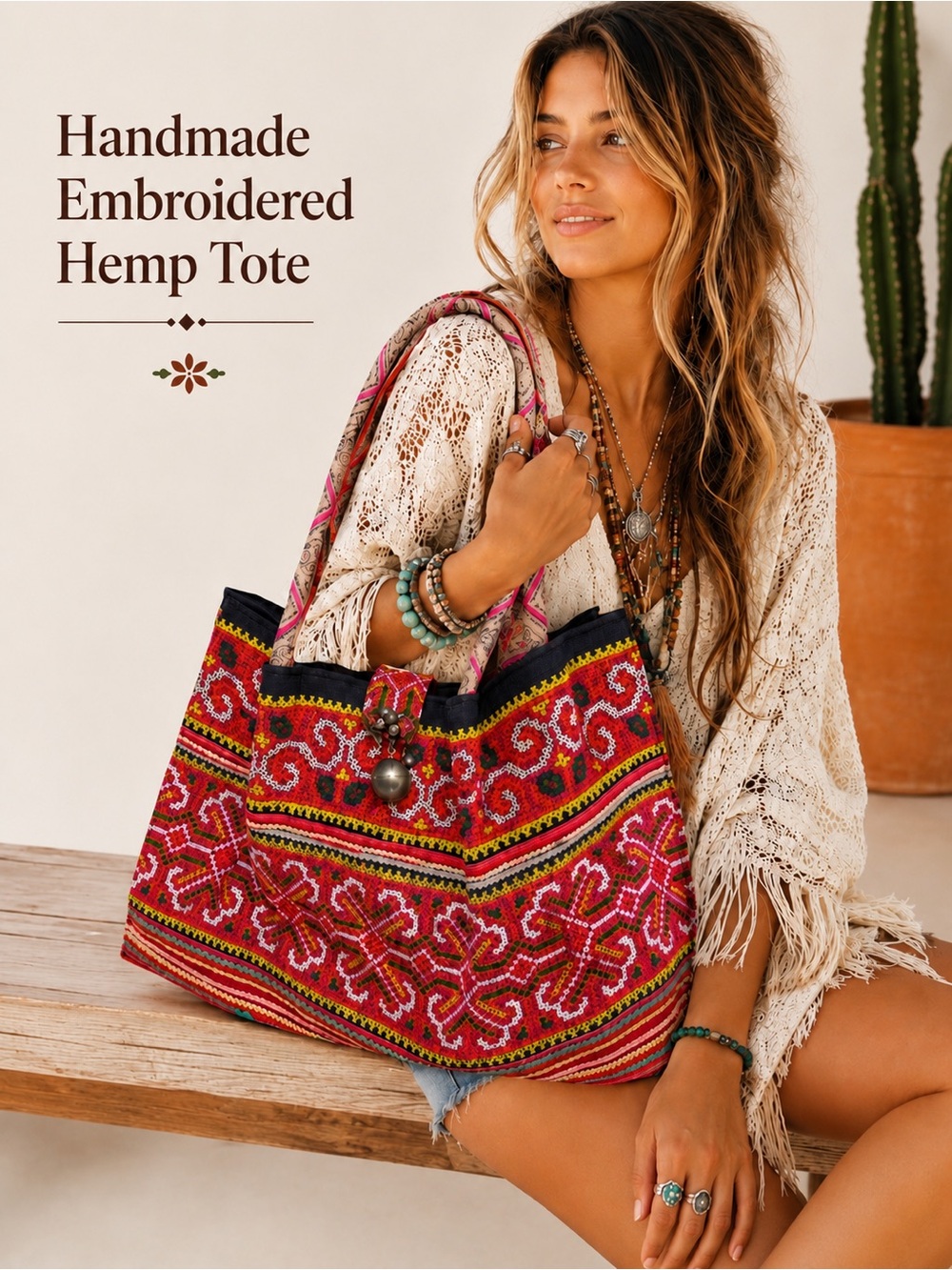 Handmade Embroidered Boho Hemp Tote XL Artisan Festival Shoulder Bag